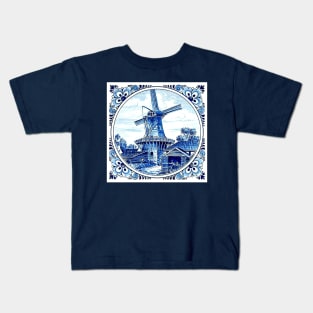 Dutch Blue Delft Large Windmill Scene Print Kids T-Shirt